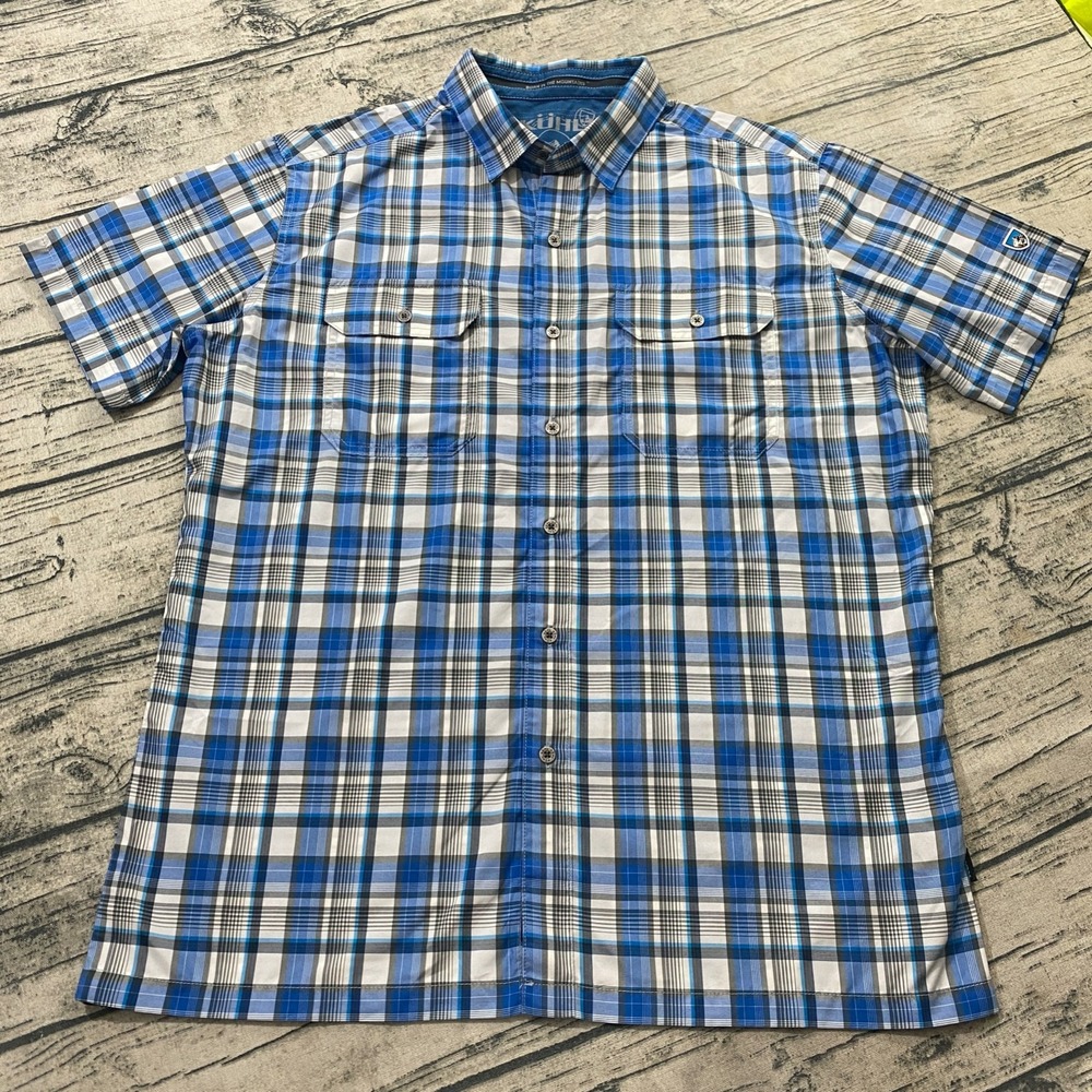 Kuhl Mountain Grown Mens M Eluxur Plaid Short Sleeve Button Shirt Hiking Camping